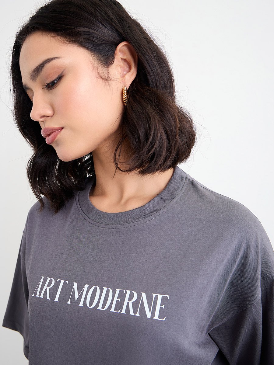 Charcoal Graphic Print Oversized 100% Cotton T-Shirt