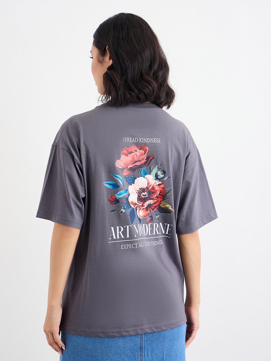 Charcoal Graphic Print Oversized 100% Cotton T-Shirt