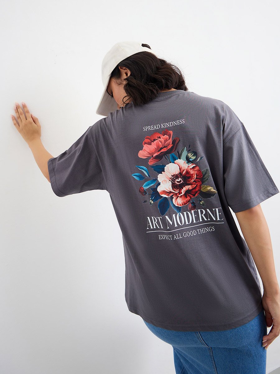 Charcoal Graphic Print Oversized 100% Cotton T-Shirt