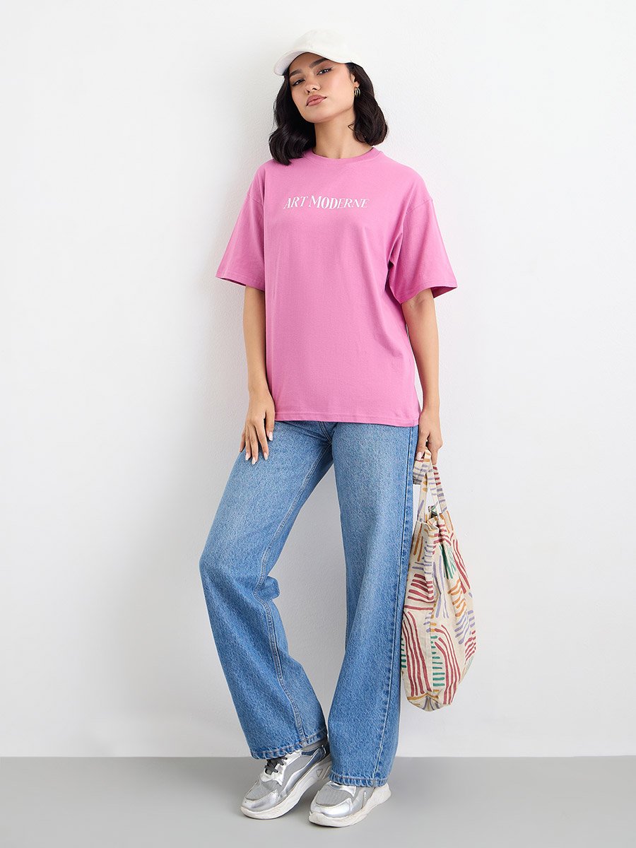 Pink Graphic Print Oversized 100% Cotton T-Shirt