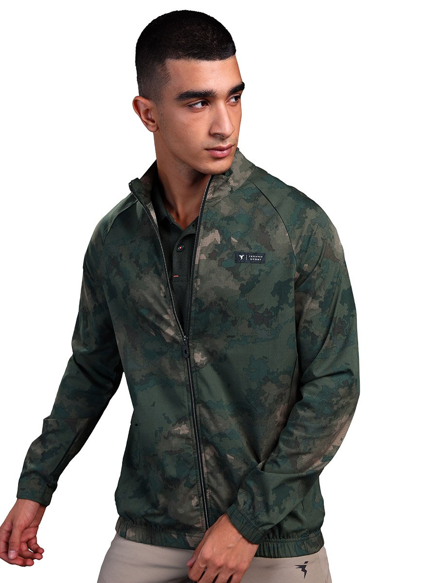 Men Camouflage Printed Mock Neck Slim Fit Jacket with TS FLEXI