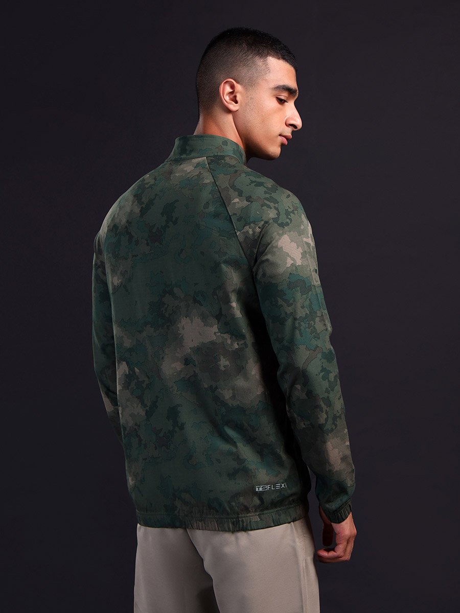 Men Camouflage Printed Mock Neck Slim Fit Jacket with TS FLEXI