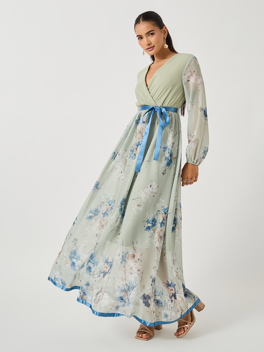 Women Green Floral Print V Neck A-Line Maxi Dress with Ribbon Tie Detail