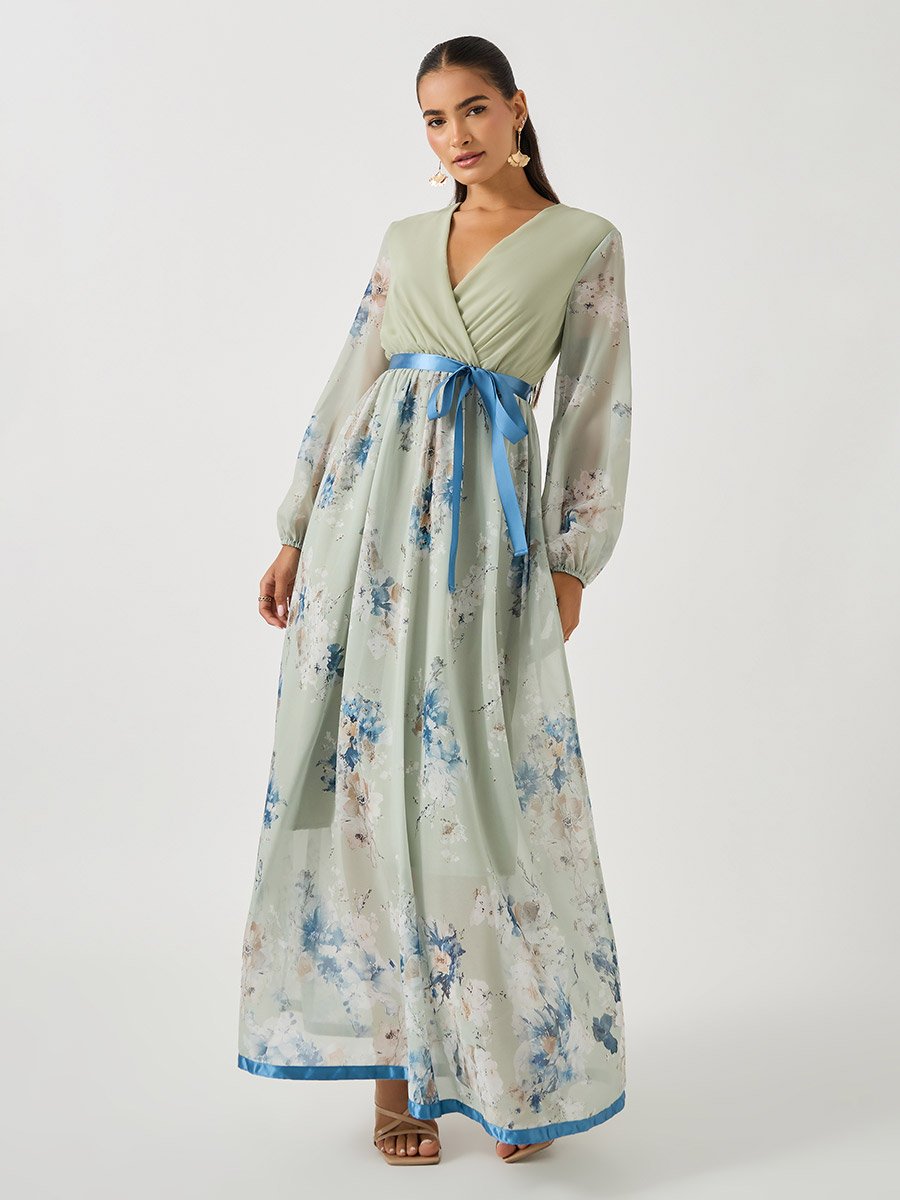 Women Green Floral Print V Neck A-Line Maxi Dress with Ribbon Tie Detail