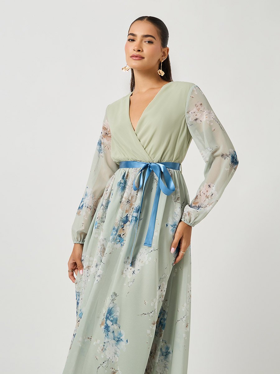 Women Green Floral Print V Neck A-Line Maxi Dress with Ribbon Tie Detail