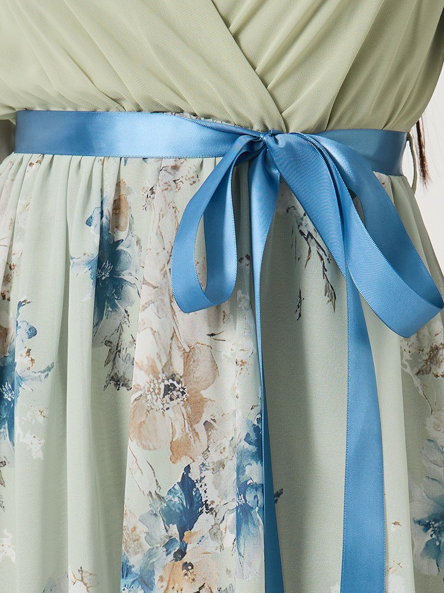 Women Green Floral Print V Neck A-Line Maxi Dress with Ribbon Tie Detail