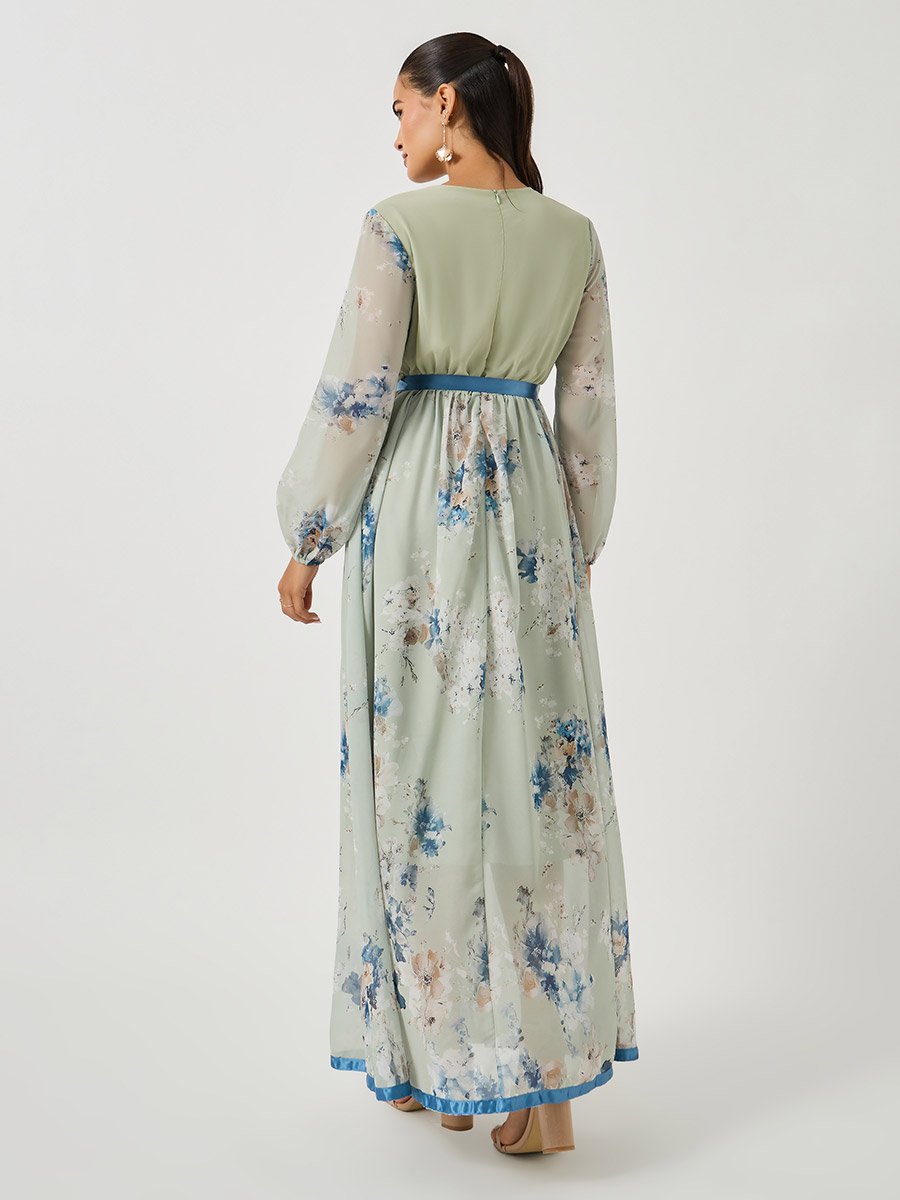 Women Green Floral Print V Neck A-Line Maxi Dress with Ribbon Tie Detail
