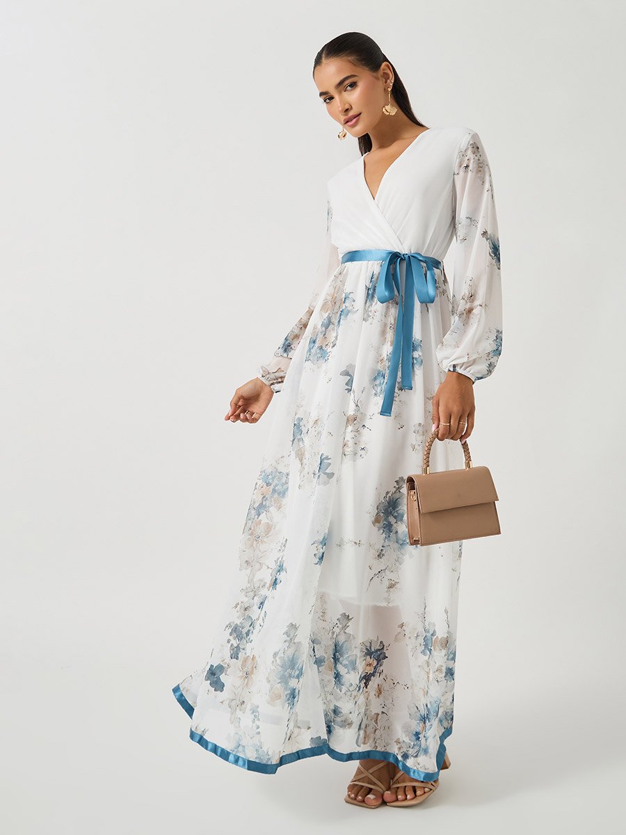 Women White Floral Print V Neck A-Line Maxi Dress with Ribbon Tie Detail