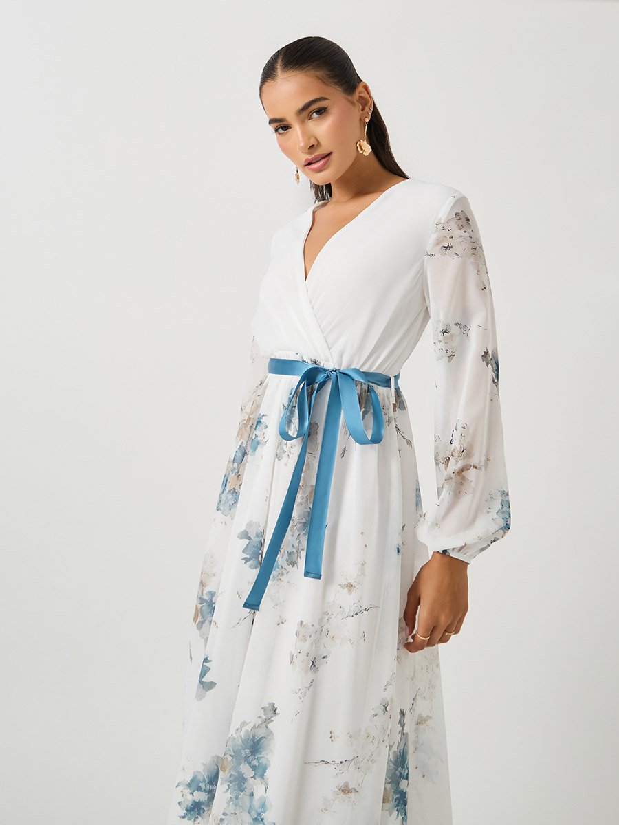Women White Floral Print V Neck A-Line Maxi Dress with Ribbon Tie Detail