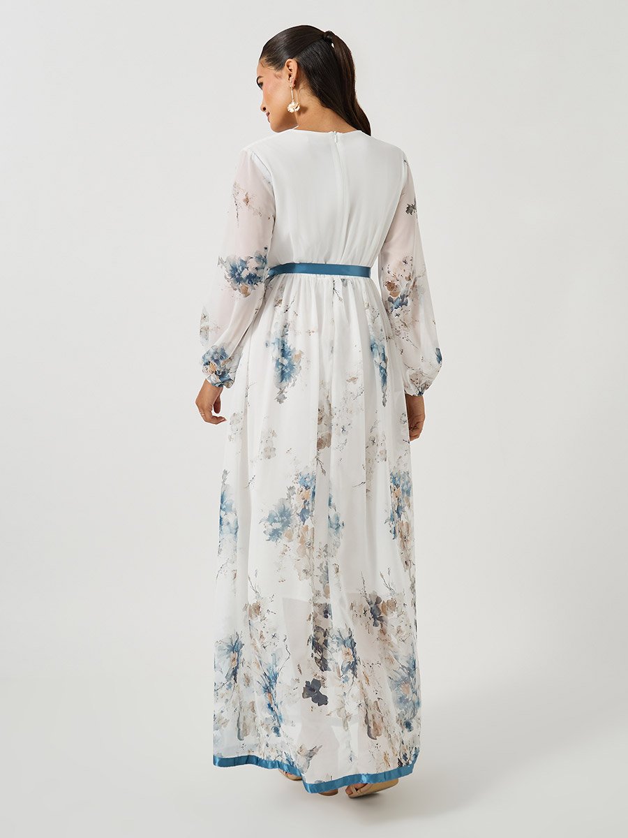 Women White Floral Print V Neck A-Line Maxi Dress with Ribbon Tie Detail