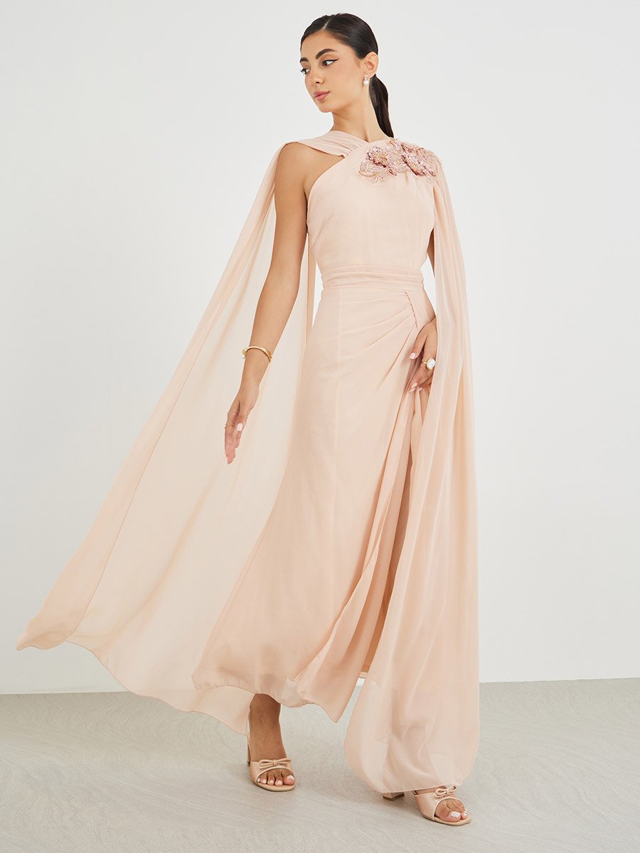 chinese dress ladies Zaria | Brown Crew-Neck Maternity Maxi Dress with Cape-Overlay