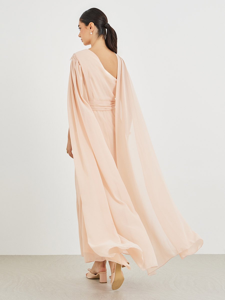 fitted lace wedding dress A&A Solei Asymmetric Cape Overlay Fringe Maxi Gown Dress main image 0