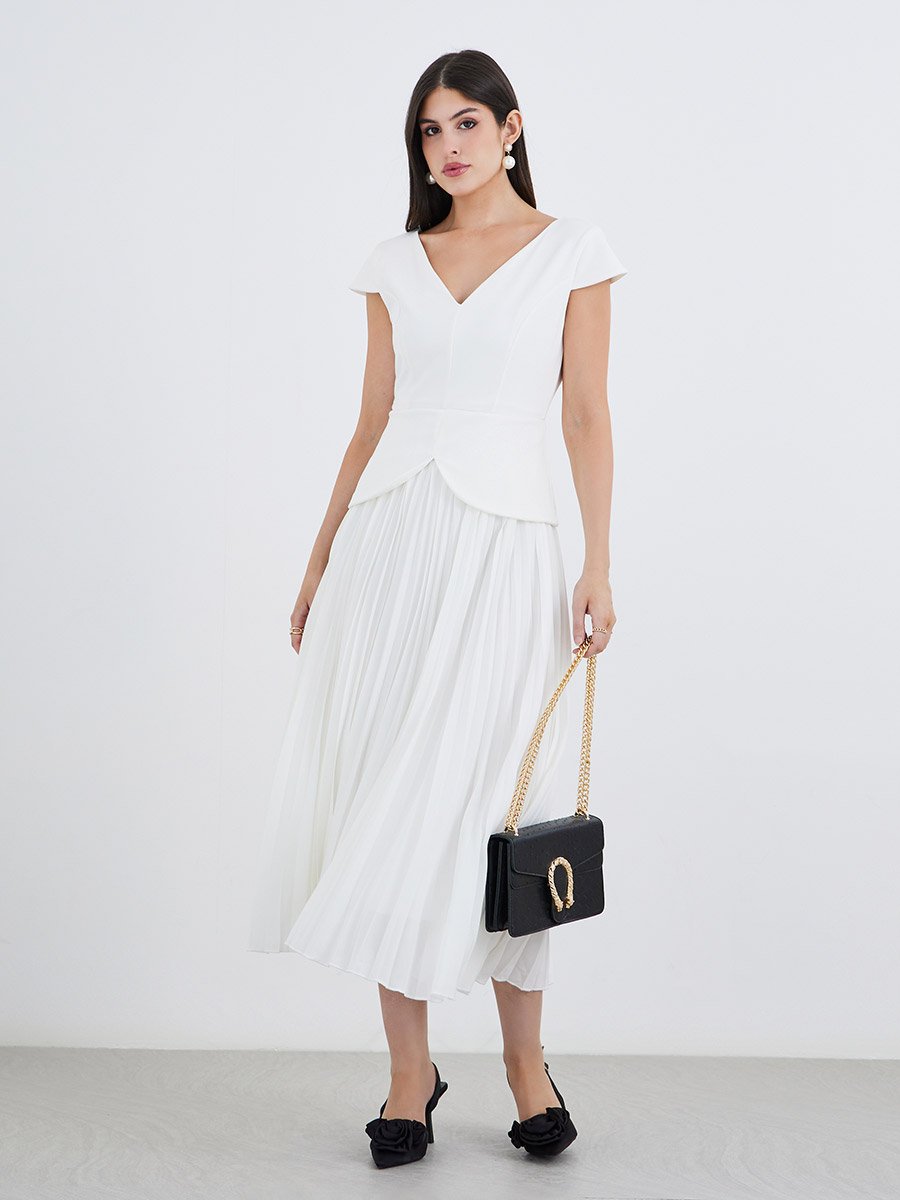 Solid Pleated Short Sleeves A-Line Midi Dress