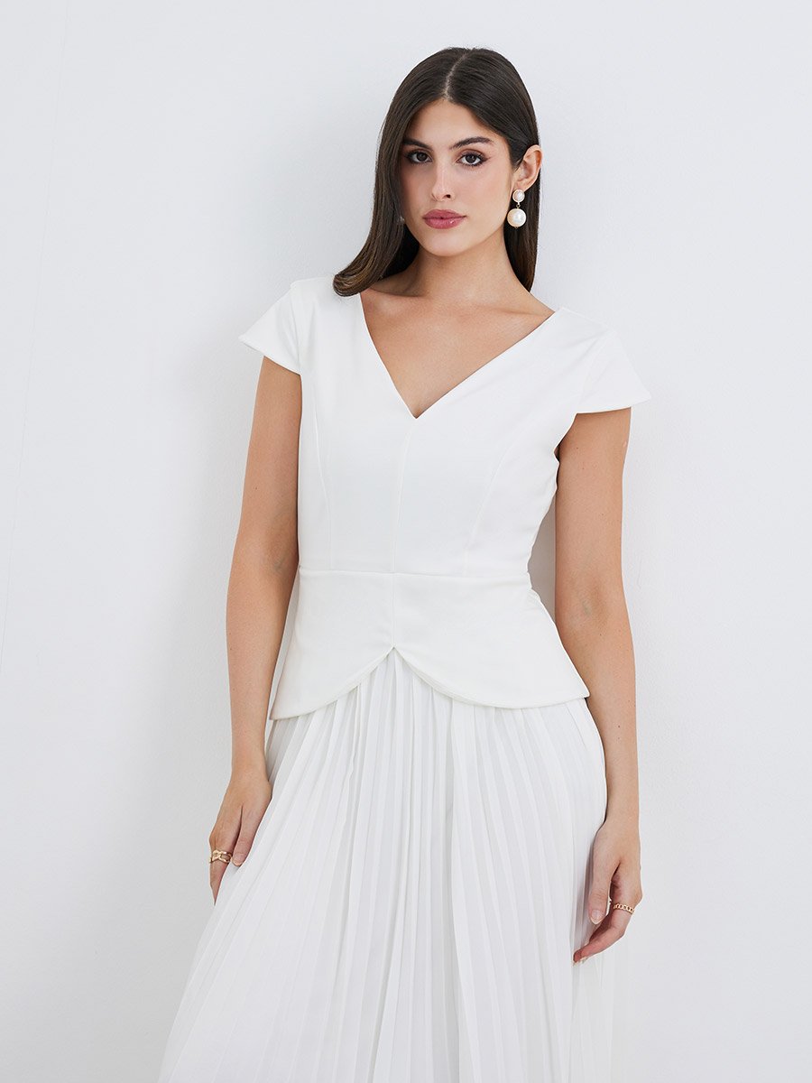 Solid Pleated Short Sleeves A-Line Midi Dress