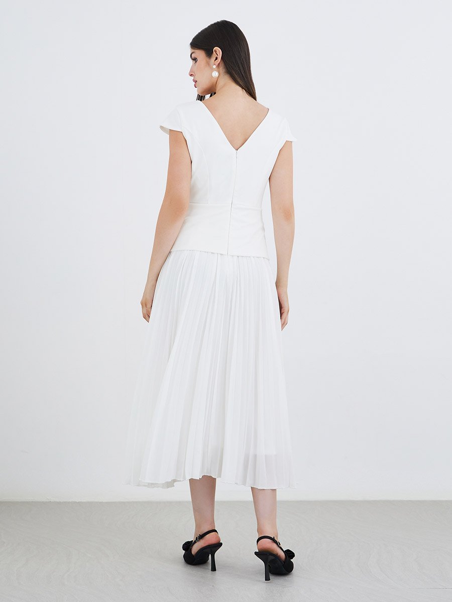 Solid Pleated Short Sleeves A-Line Midi Dress