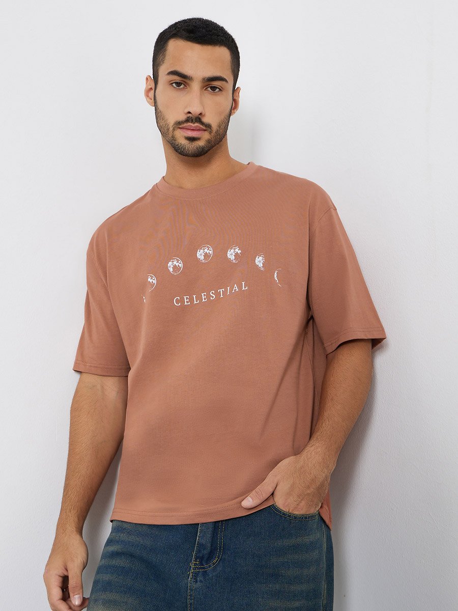 Men Brown Celestial Graphic Oversized T-Shirt