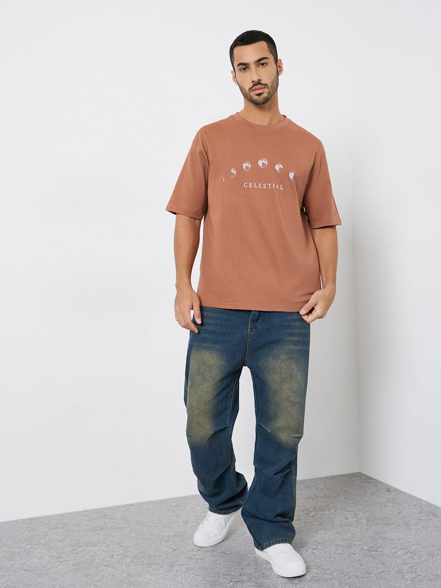 Men Brown Celestial Graphic Oversized T-Shirt