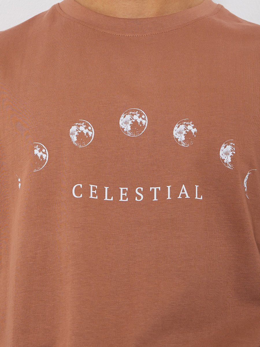 Men Brown Celestial Graphic Oversized T-Shirt