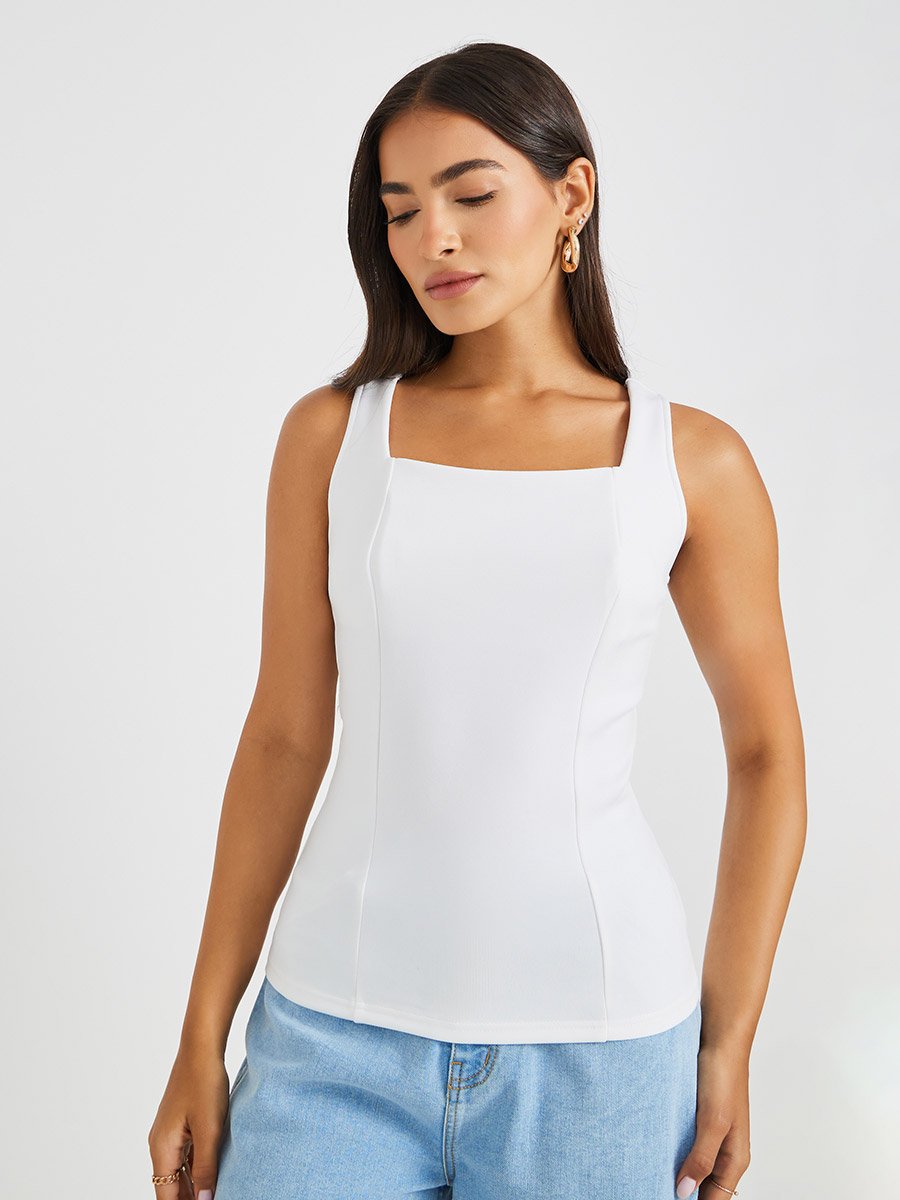 Solid Square Neck Sleeveless Top