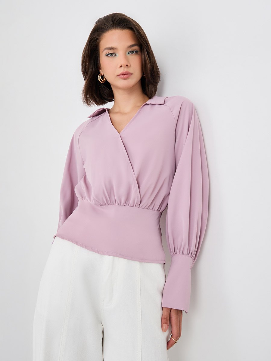 Cuffed Long Sleeve Collared Wrap Blouse