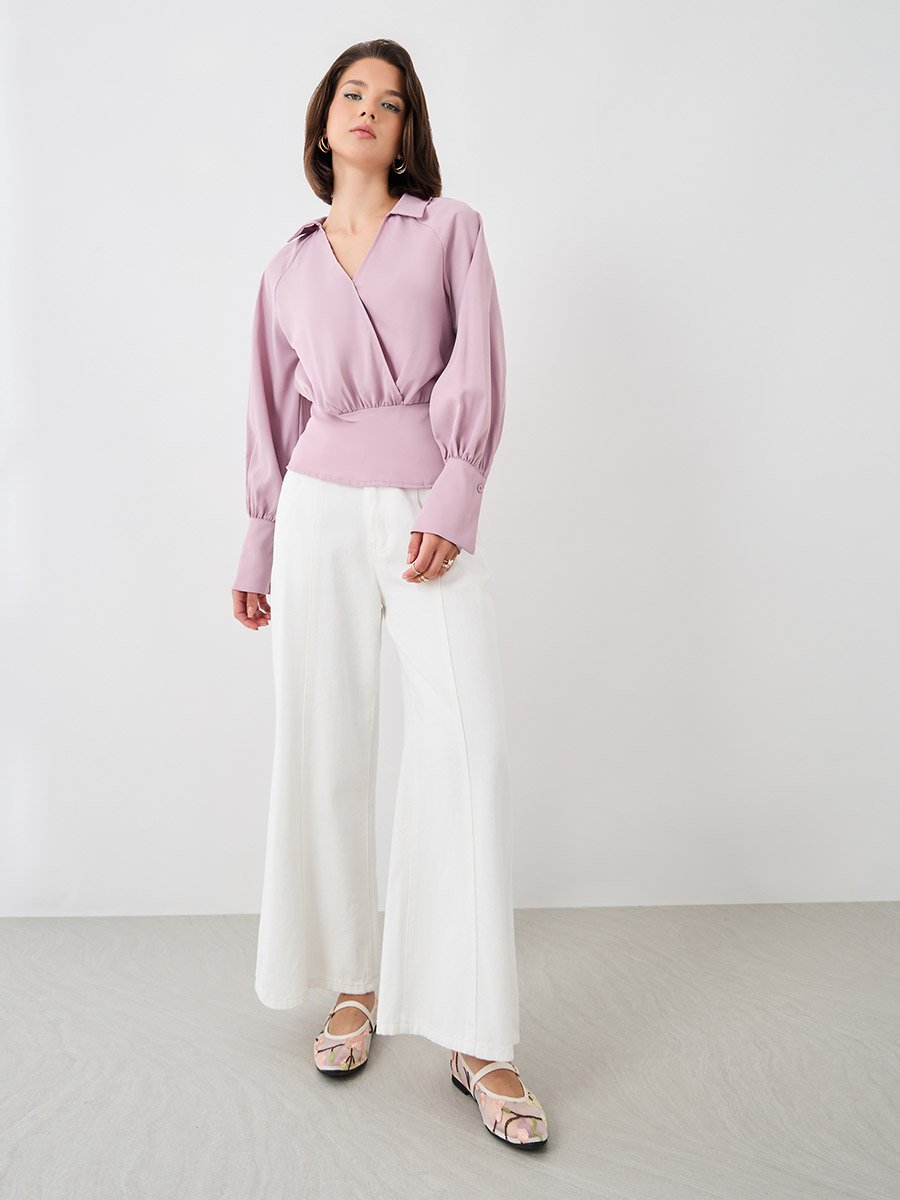 Cuffed Long Sleeve Collared Wrap Blouse