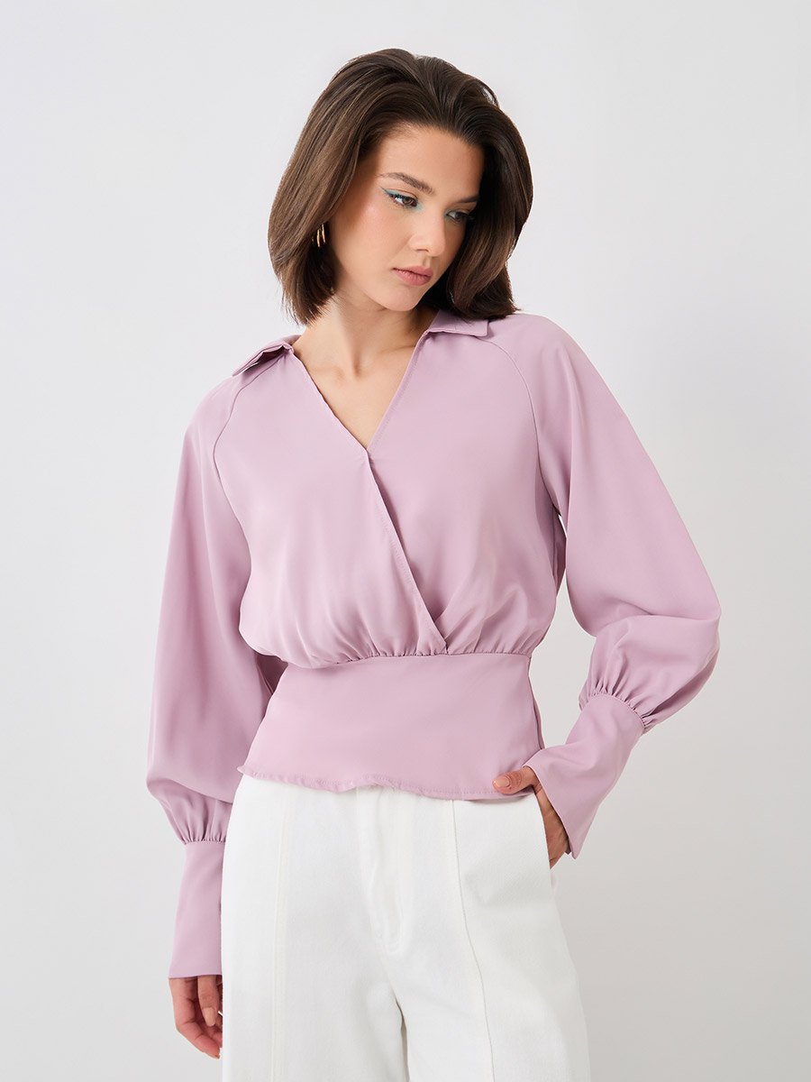 Cuffed Long Sleeve Collared Wrap Blouse