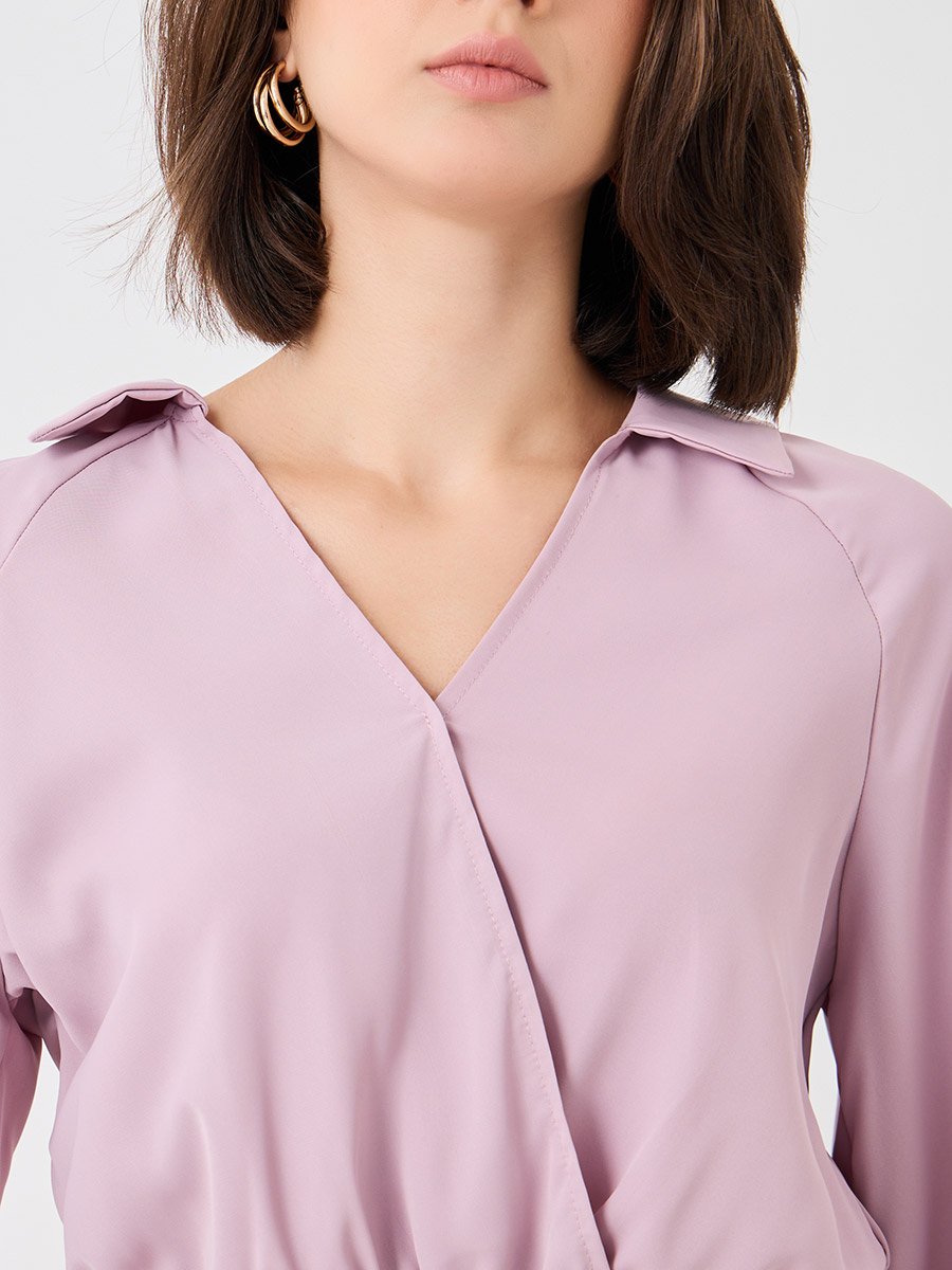 Cuffed Long Sleeve Collared Wrap Blouse