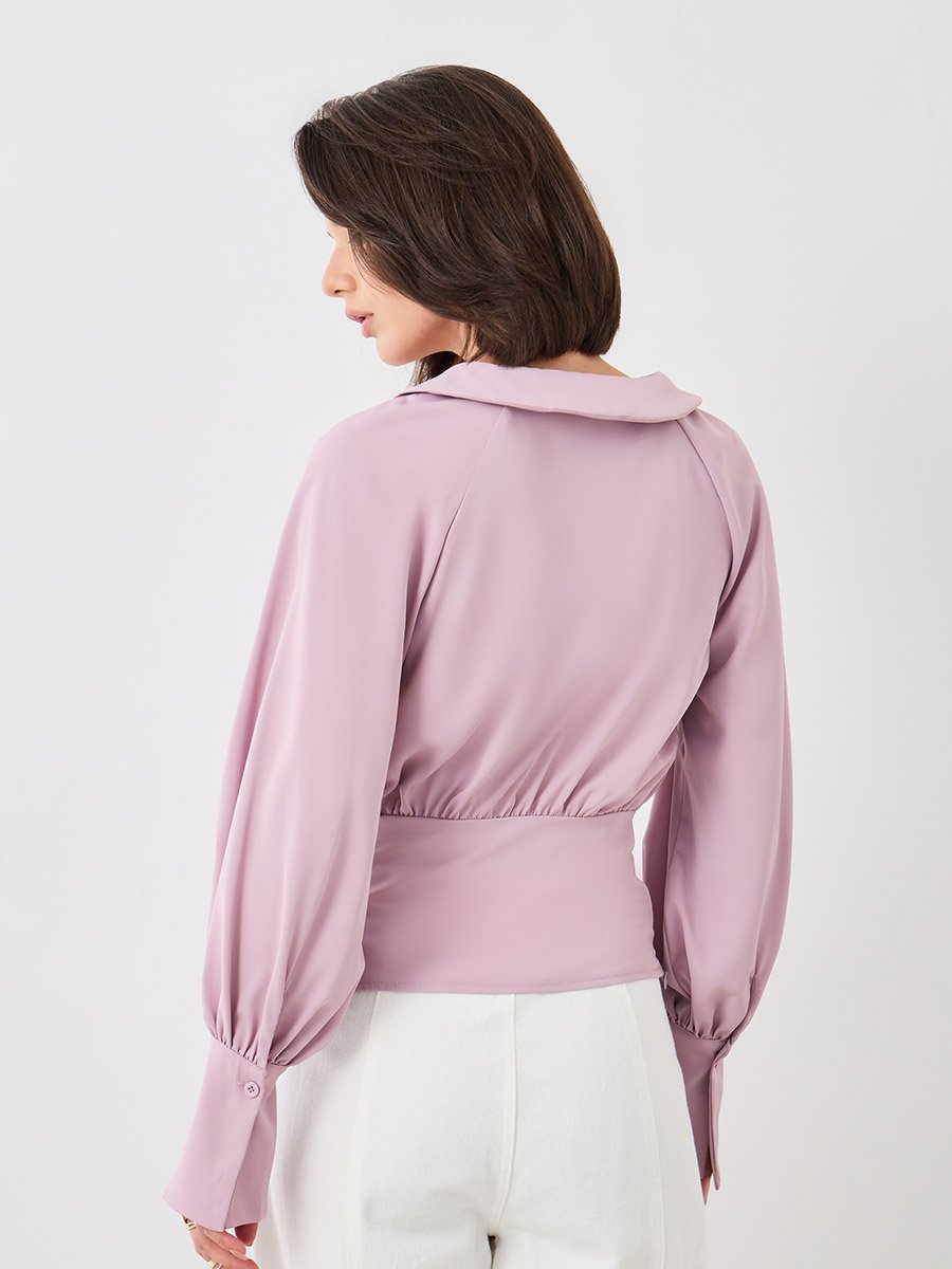 Cuffed Long Sleeve Collared Wrap Blouse