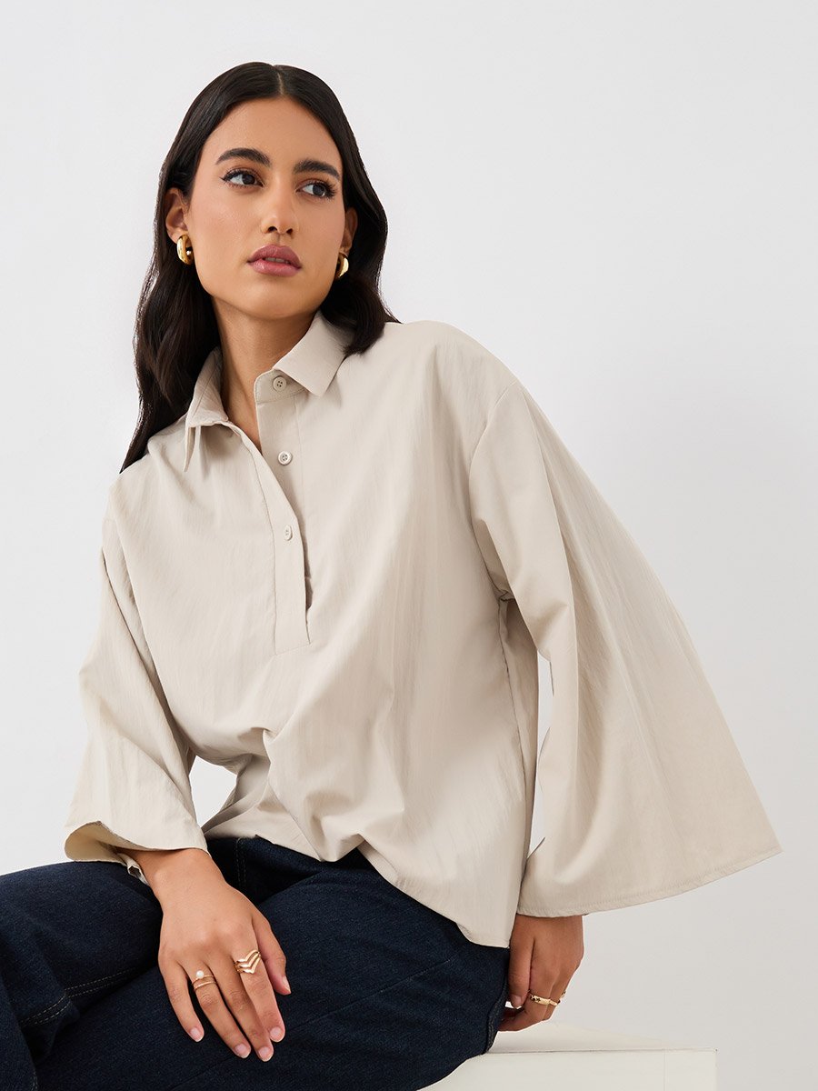 Solid Spread Collar Boxy Fit Shirt For Women at Kuwait | Styli Solid Spread Collar Boxy Fit Shirt For Women at Kuwait | Styli