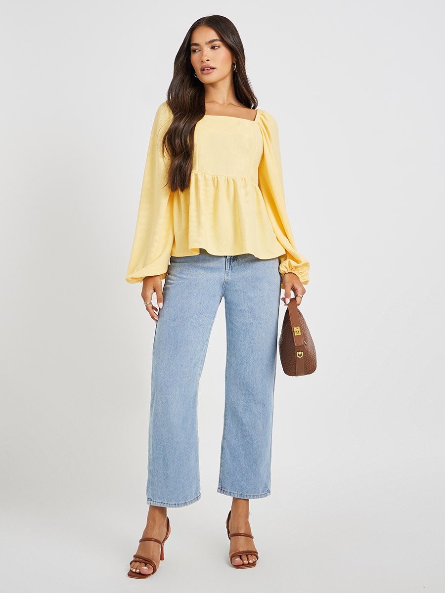 Textured Balloon Sleeve Square Neck Blouse