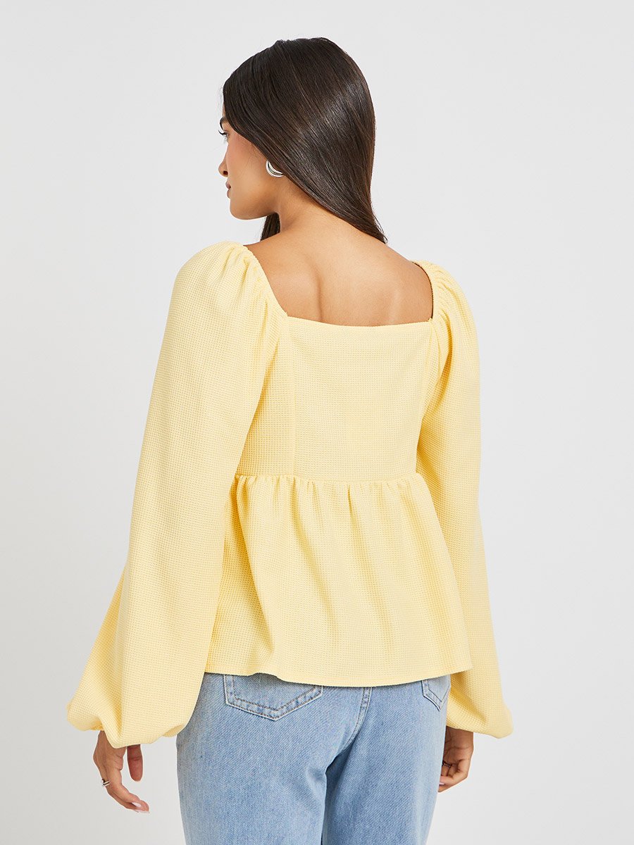 Textured Balloon Sleeve Square Neck Blouse
