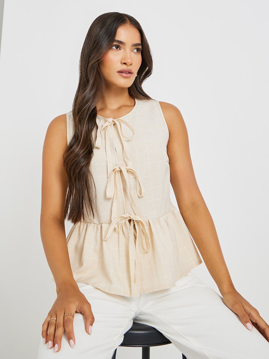 Checked Sleeveless Top with Tie-Up Detail