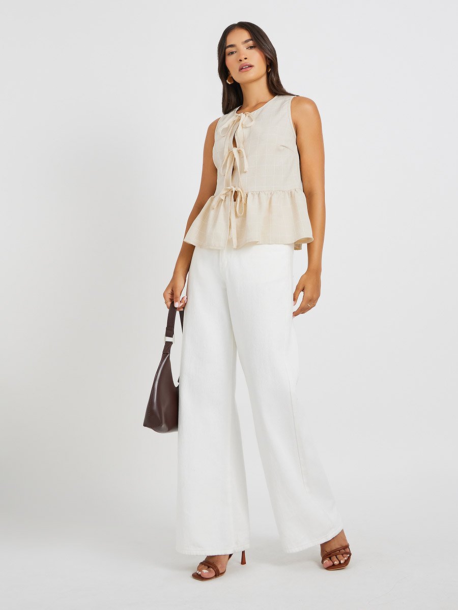 Checked Sleeveless Top with Tie-Up Detail