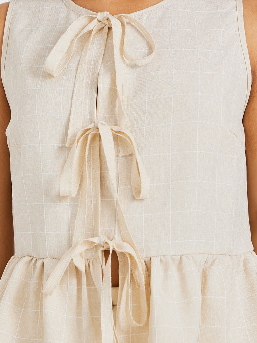 Checked Sleeveless Top with Tie-Up Detail