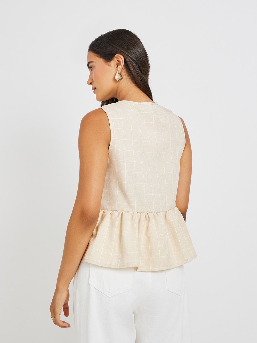 Checked Sleeveless Top with Tie-Up Detail