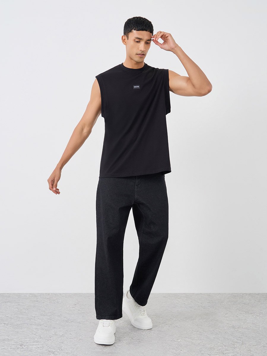 Men Black Woven Badge Detail Tank