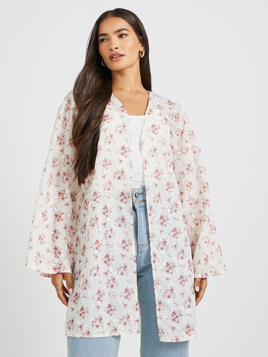 Floral Printed Schiffli Longline Oversized Kimono