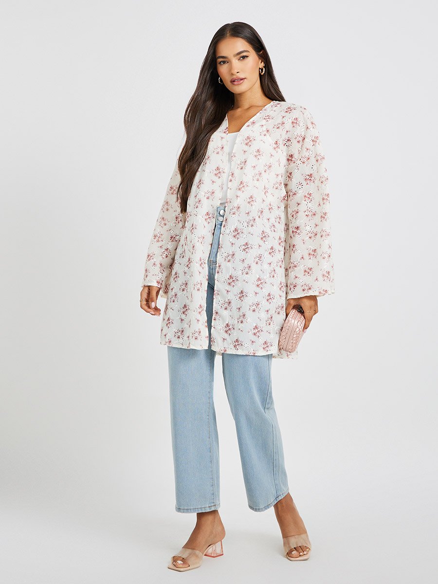 Floral Printed Schiffli Longline Oversized Kimono