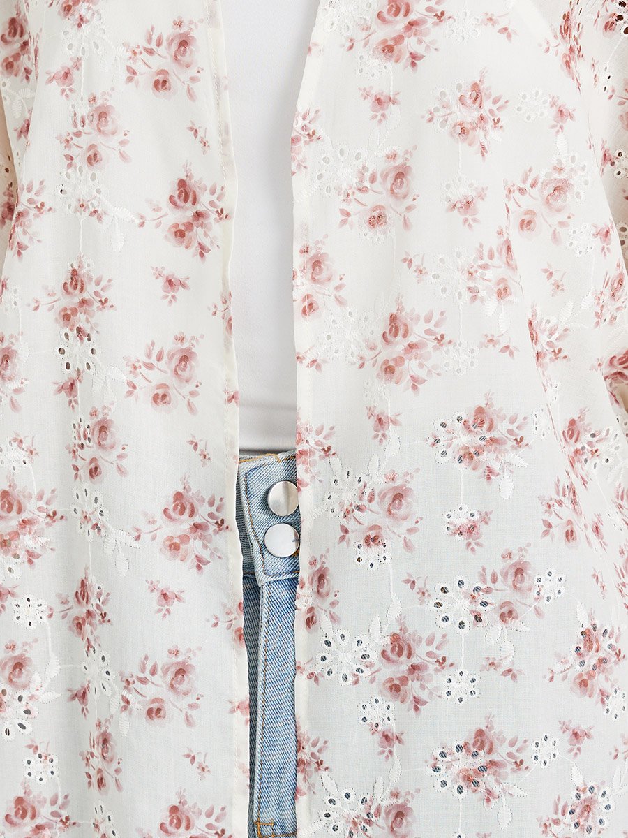 Floral Printed Schiffli Longline Oversized Kimono