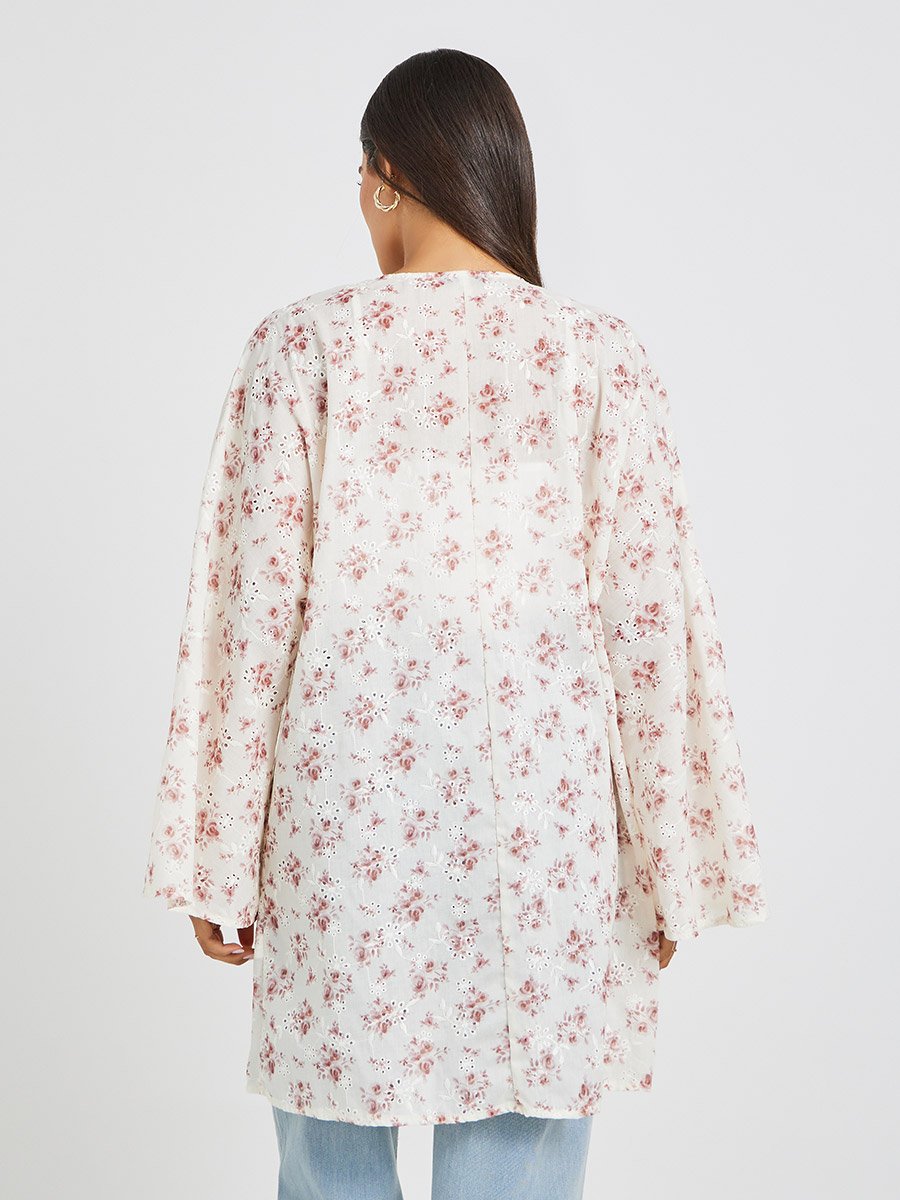 Floral Printed Schiffli Longline Oversized Kimono