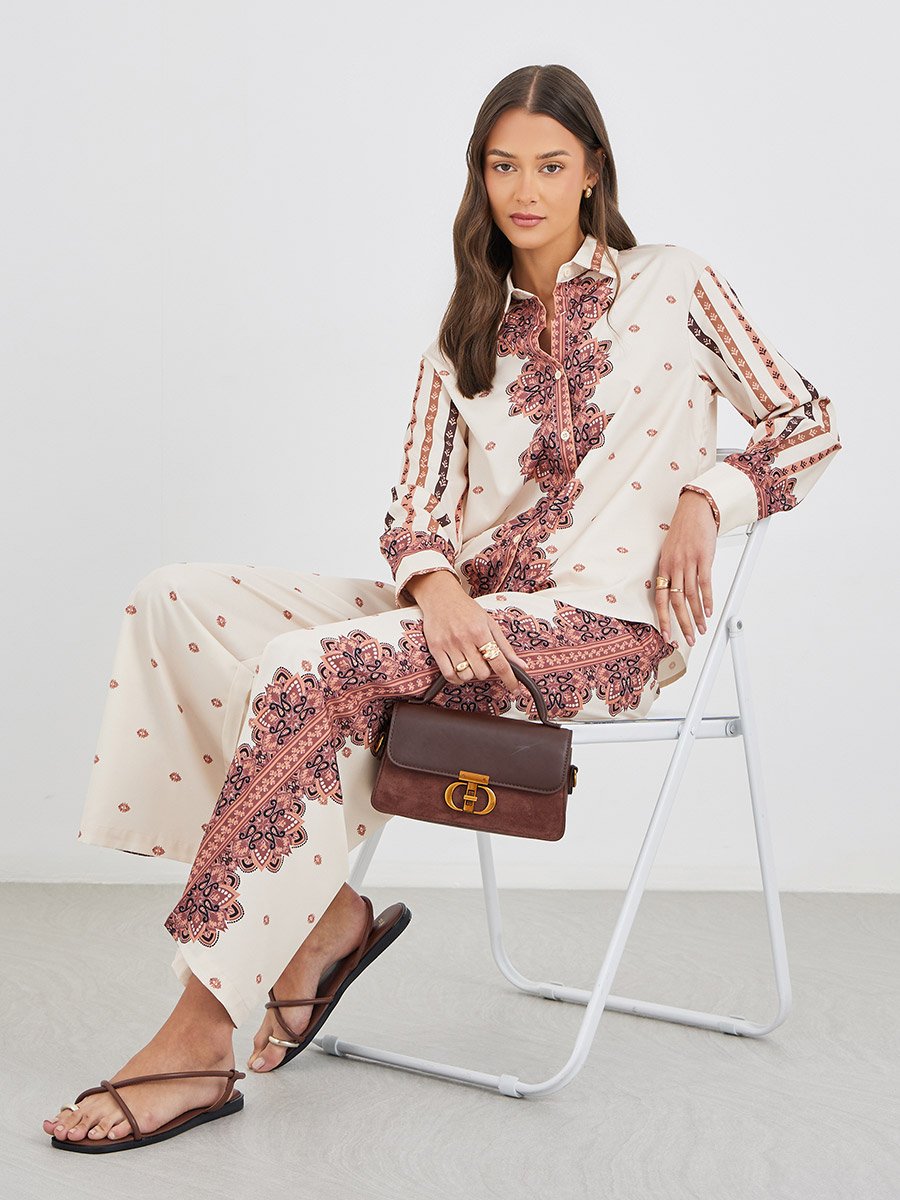 Printed Long Sleeve Shirt and Wide Leg Pants Co-Ords