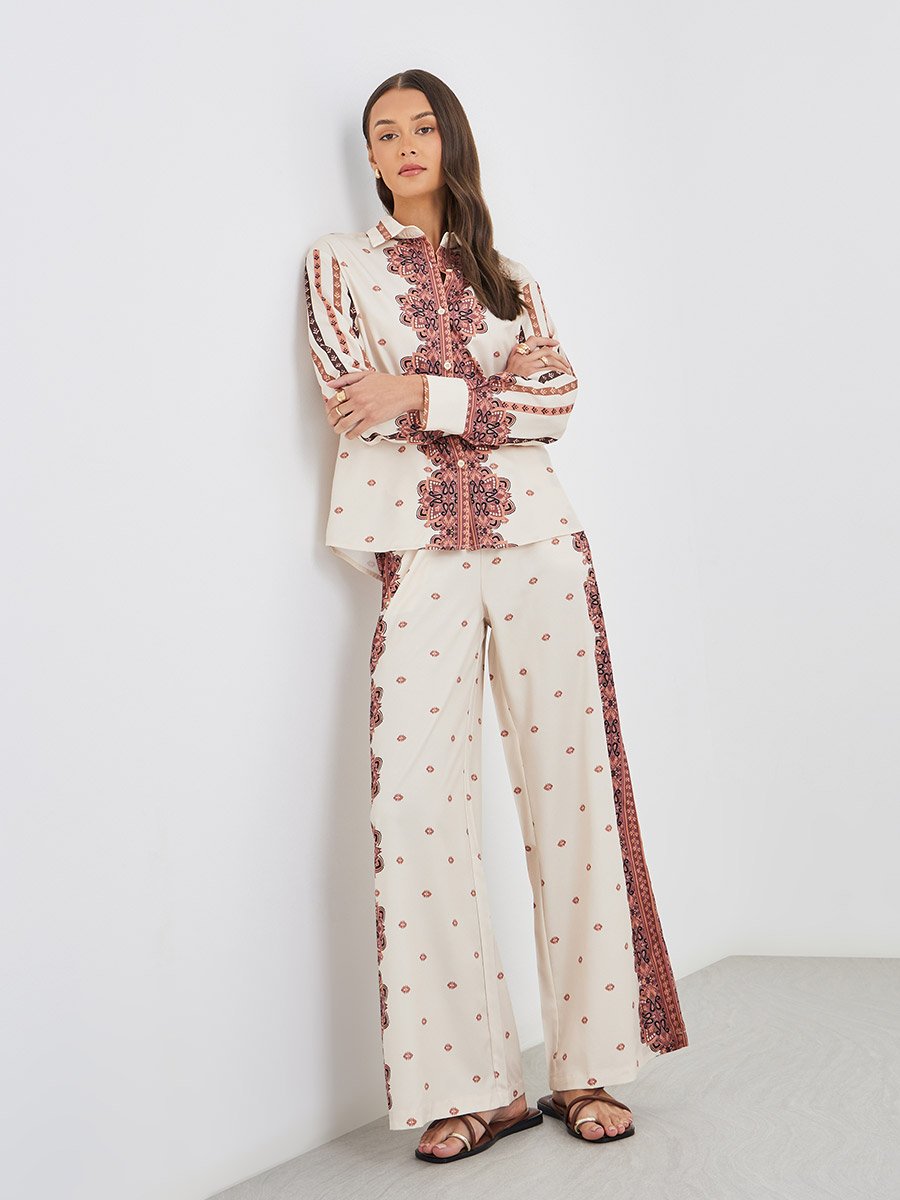 Printed Long Sleeve Shirt and Wide Leg Pants Co-Ords