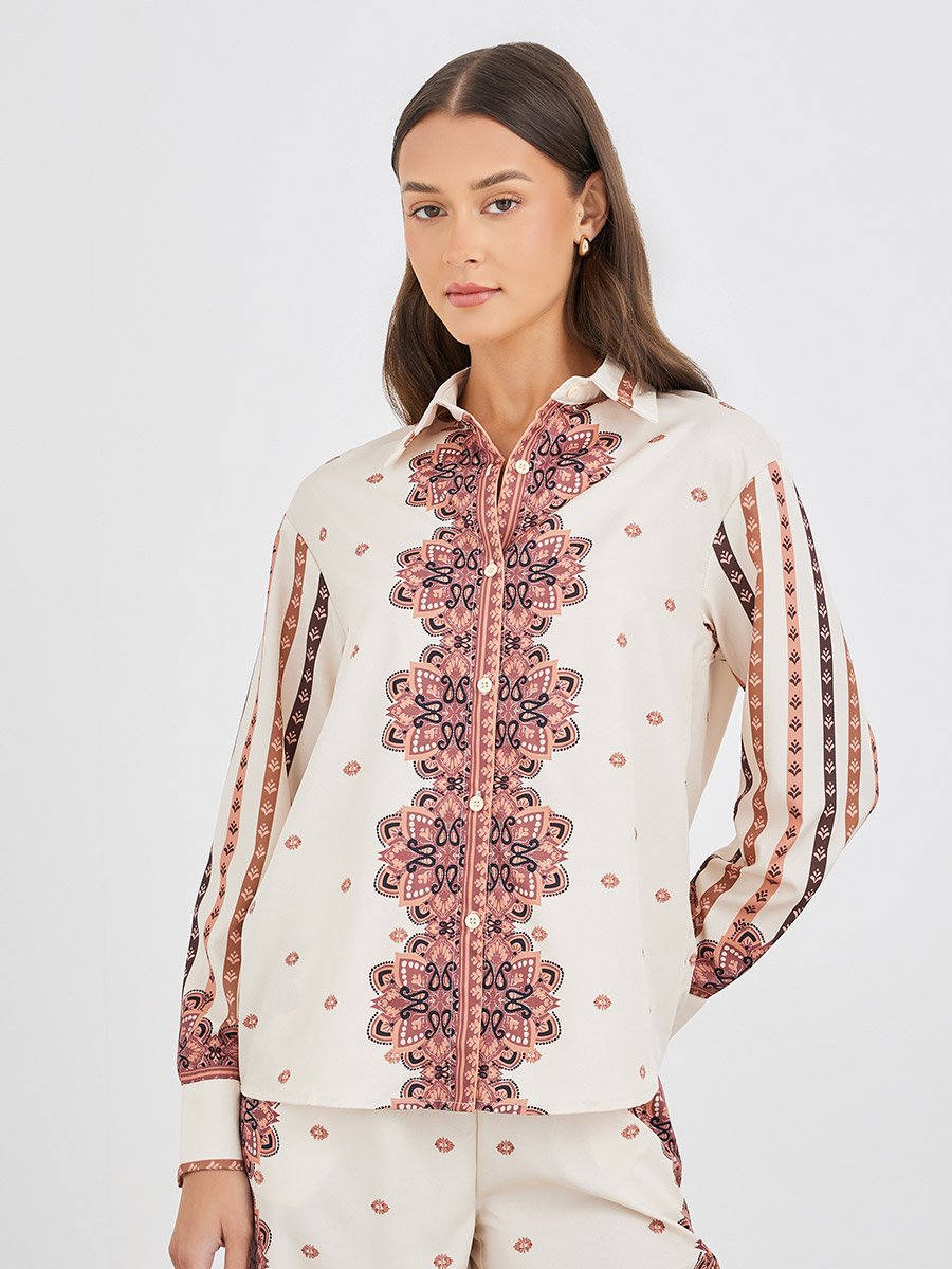 Printed Long Sleeve Shirt and Wide Leg Pants Co-Ords
