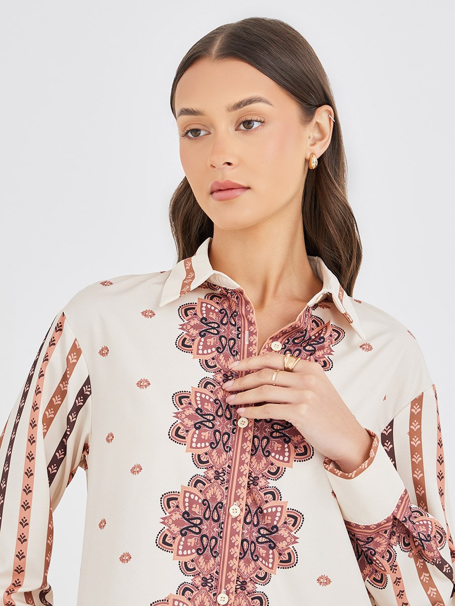 Printed Long Sleeve Shirt and Wide Leg Pants Co-Ords