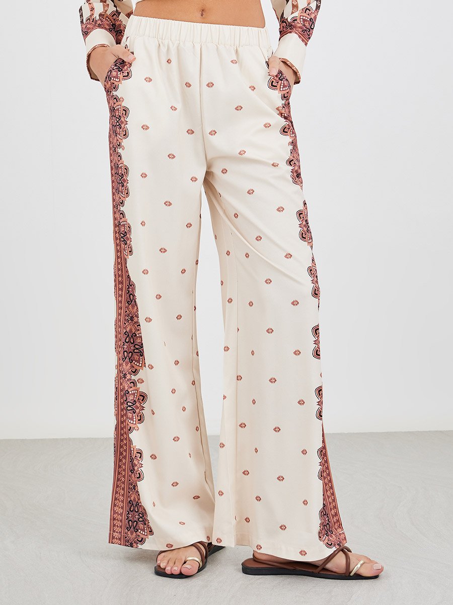 Printed Long Sleeve Shirt and Wide Leg Pants Co-Ords