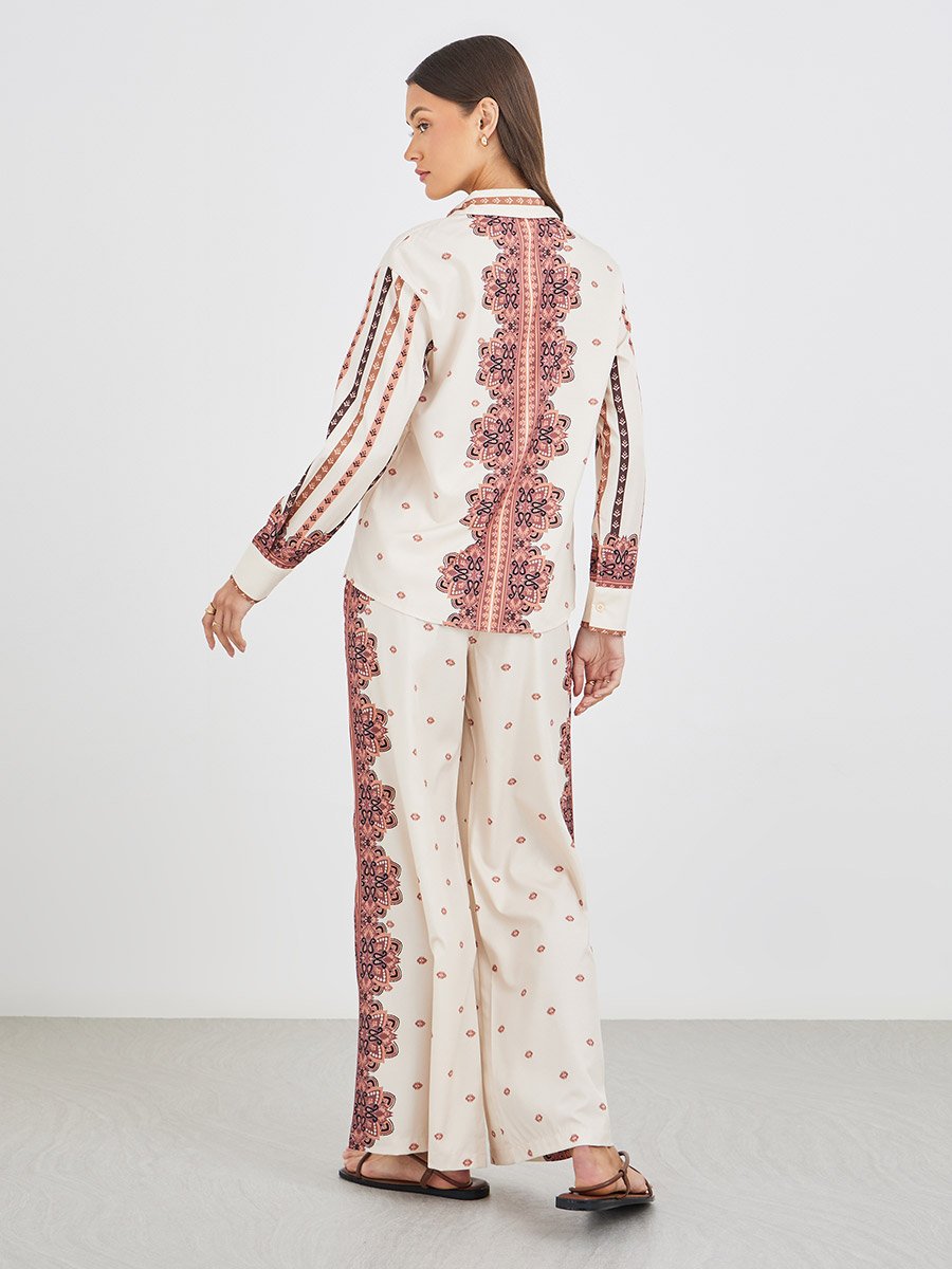 Printed Long Sleeve Shirt and Wide Leg Pants Co-Ords