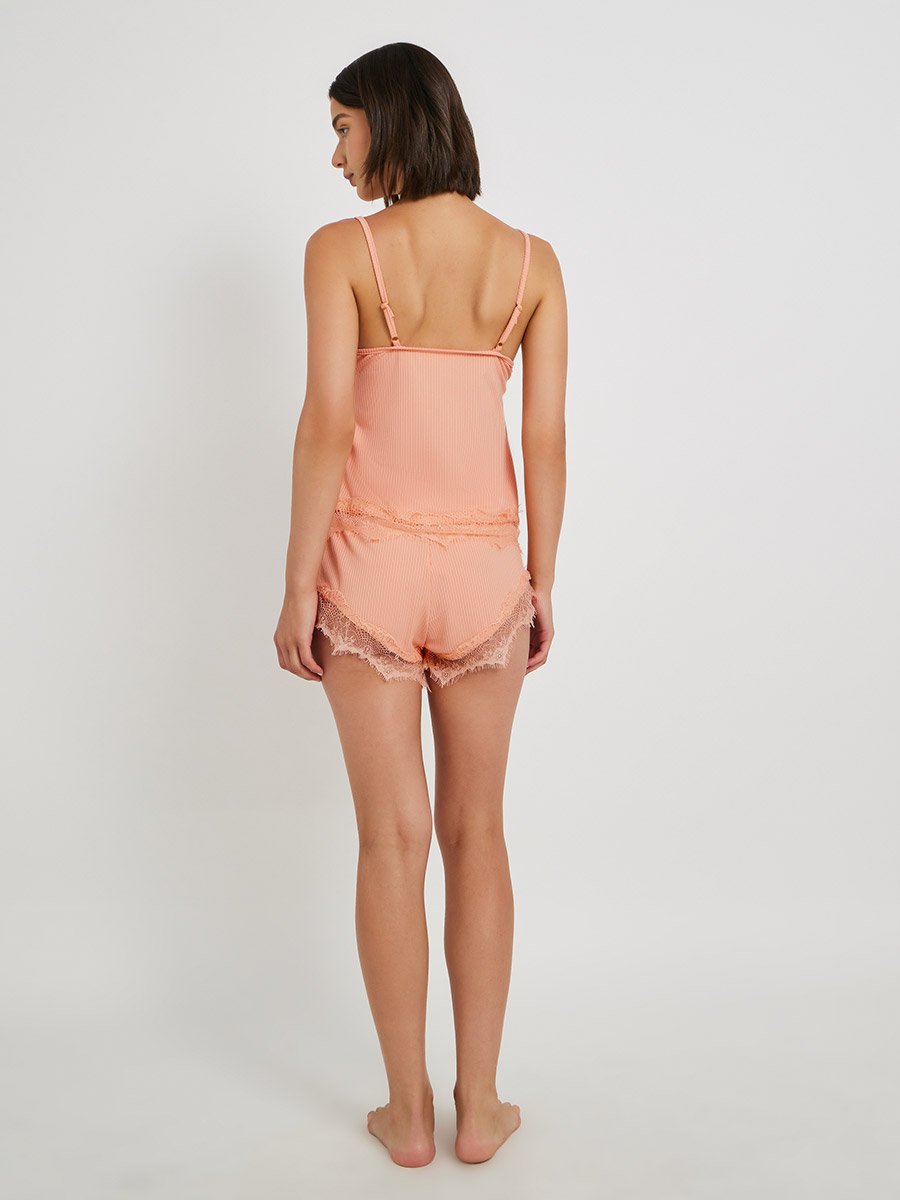Lace Trim Ribbed Cami Top and Shorts Pajama Set