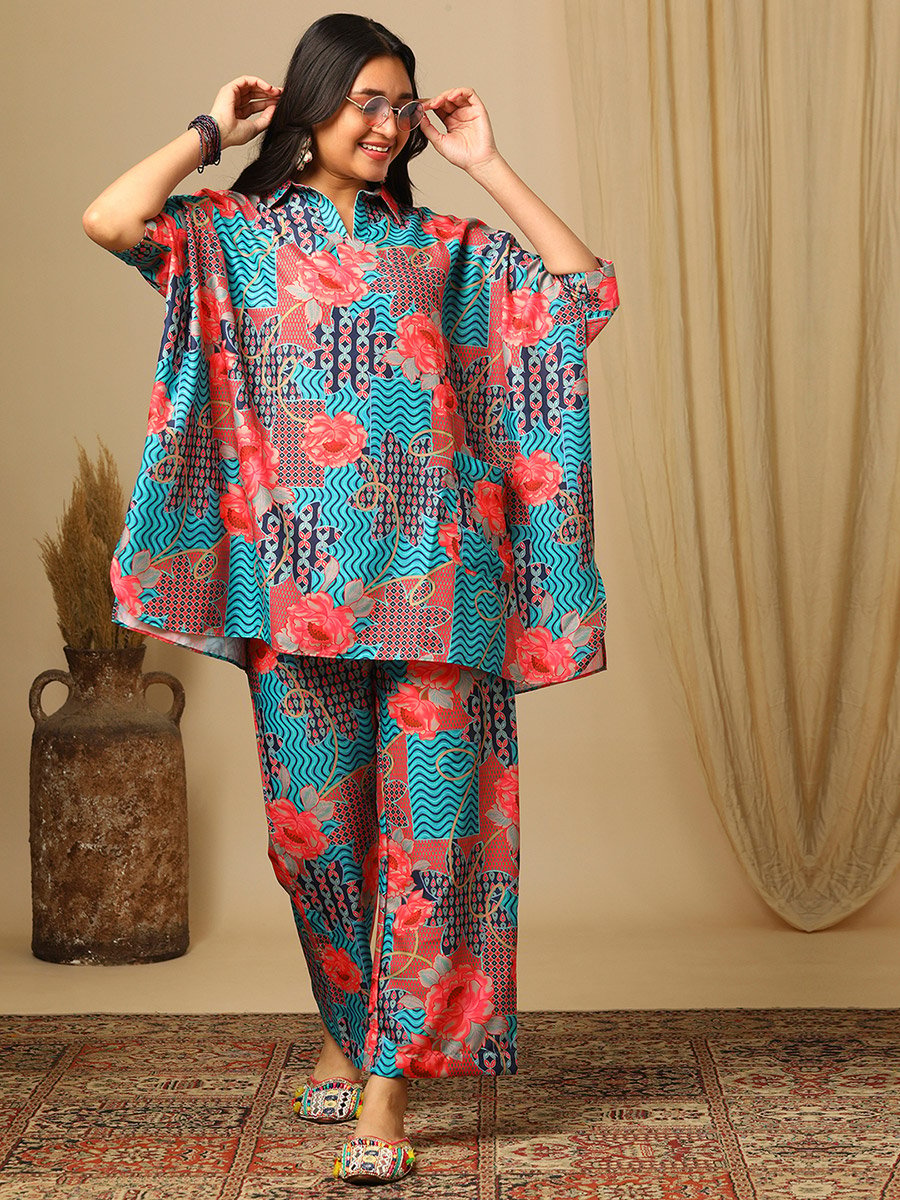 Floral Printed Collared Kaftan and Pants Co-Ords