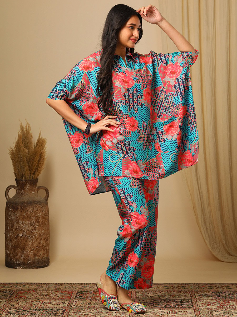 Floral Printed Collared Kaftan and Pants Co-Ords