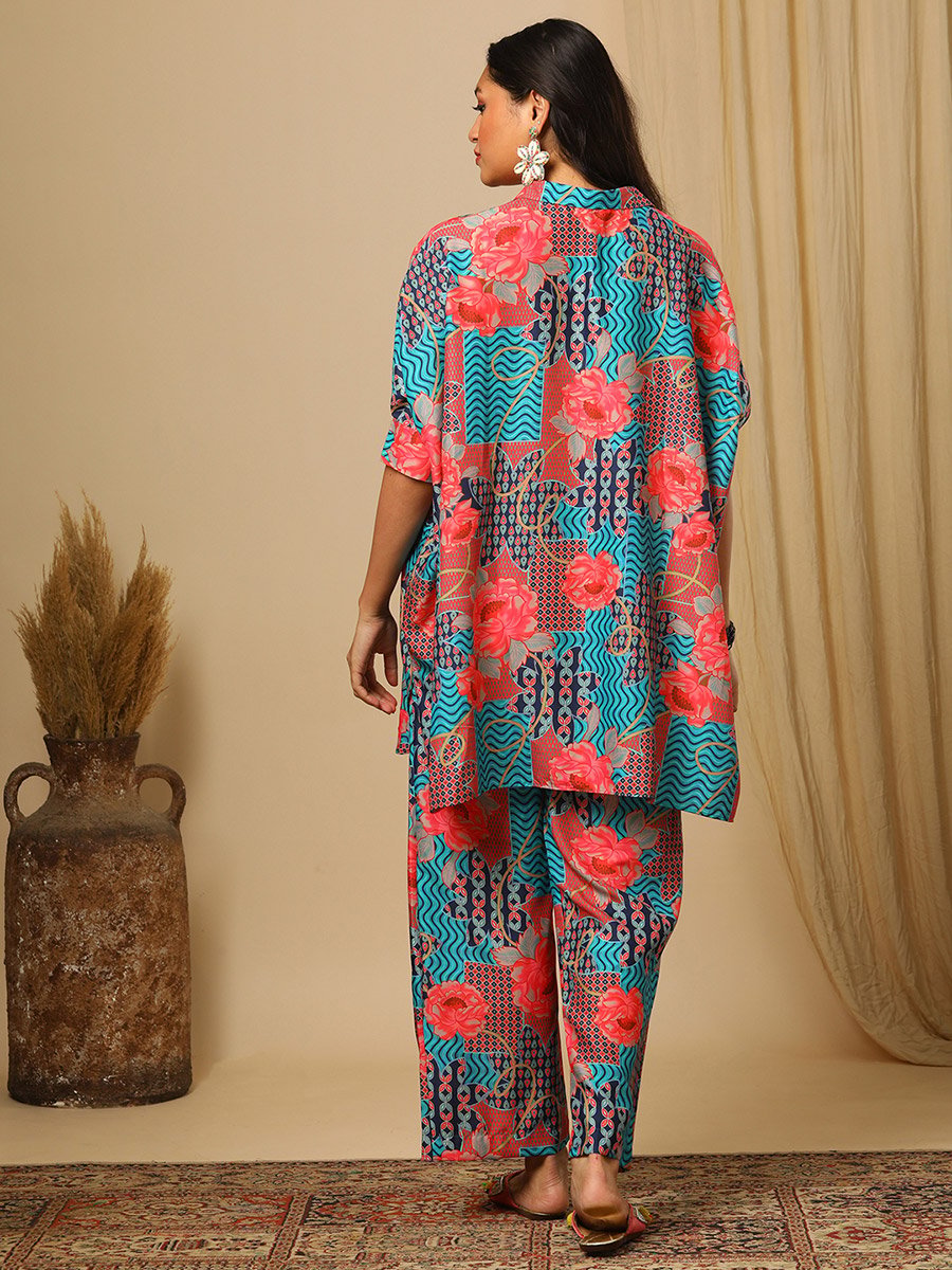 Floral Printed Collared Kaftan and Pants Co-Ords